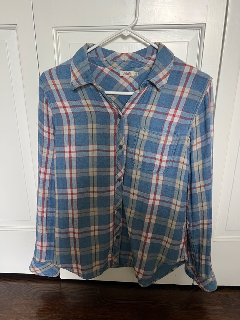 Faherty Blue Plaid Button-Down Shirt with Cream & Red Accents